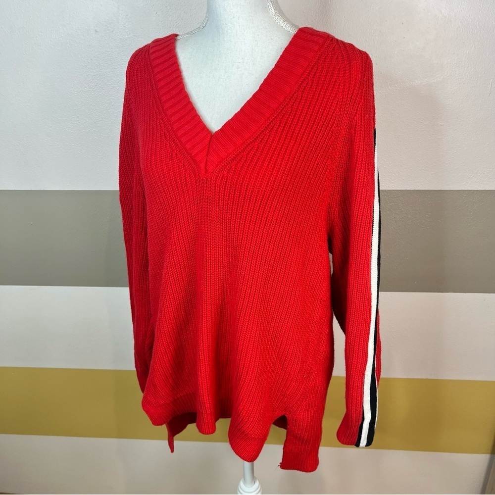 2/$25 Express Bright Red Striped Knit Woven Pullover Bold Chunky Thick Sweater S - Picture 4 of 15